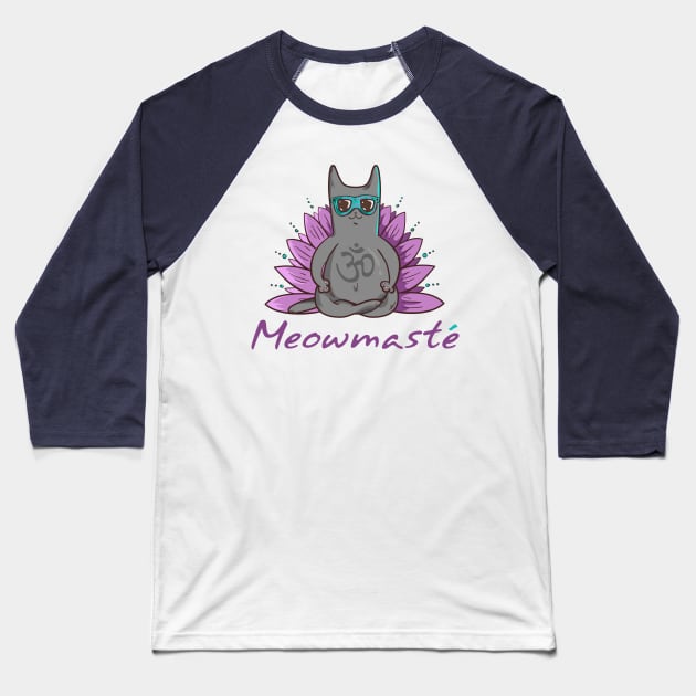 Meowmaste Cat Meditate Baseball T-Shirt by Moon Phase Design